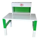 CHILDREN’S DESK | White wood children’s desk with green metal frame and separate shelving unit on to