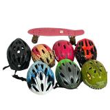 (8pc) PENNY BOARD & HELMETS | Child’s pink penny board skateboard and mixed lot of helmets Dimension