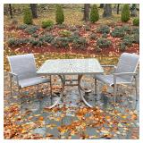 (5pc) Silver Metal Patio Set | With fabric covered chairs. Dimensions: h. 27.5 x w. 42 x l. 42 in (t