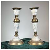 Pair Mother Of Pearl & Brass Candlesticks In Velvet Case