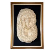 Sculptural Wall Relief | Framed relief sculpture in stone or composite material, depicting a woman w