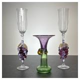 (3pc) Art Glass Grapevine Stemware & Vase