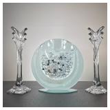 (3pc) Mikasa Crystal Candlesticks & A Glass Vase