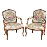 PAIR FLORAL NEEDLEPOINT FRENCH BERGERE ARMCHAIRS | Pair of carved wood floral upholstered armchairs 