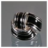 GOLD PLATE & ENAMEL RING | Having black enamel design, with a 10k white gold plated finish; size 5