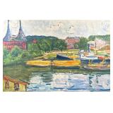 Framed Impressionist Print | Print of an oil on canvas harbor painting in a wood frame. Dimensions: 