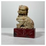 SOAPSTONE FOO DOG (CHINESE) ON PAINTED WOOD BASE | Carved soapstone (steatite) seated guardian lion 
