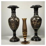(3pc) BLACK & GOLD VASES | Includes a pair of tall black vases with gold-tone engraved metal floral 