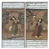 PAIR ANTIQUE INDO-PERSIAN STYLE MINIATURE ILLUSTRATIONS | Pair of hand-painted Persian miniature fol