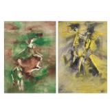 (2pc) BHARATI SIGNED FIGURAL ABSTRACT WATERCOLORS | Pair of framed watercolors on paper depicting st