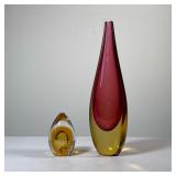 (2pc) MURANO SOMMERSO ART GLASS VASE & PILGRIM GLASS BULLICANTE PAPERWEIGHT | Pair of mid-century st