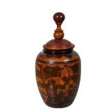 Two-Toned Wood Carved Canister With Top | Having fruit designs and an engraved house. Dimensions: h.