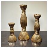 (3pc) Gold Painted Ceramic Candlesticks | Dimensions: h. 12 x dia. 4 in (Tallest, diameter at bottom