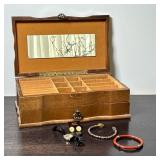 (5pc) Vintage Jewelry Box And Assorted Jewelry | Jewelry box had mirror inside and lower drawer. Top