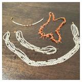 (4pc) Freshwater Pearl And Coral Jewelry | 2 necklaces, one peach coral and the other is five strand