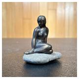 BRASS-TONE MERMAID FIGURE ON STONE (COPENHAGEN SOUVENIR) | Small cast metal mermaid figure mounted o