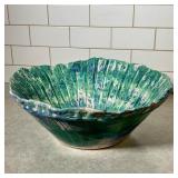Large Handmade Pottery Bowl | Handmade glazed ceramic bowl with scalloped, flared rim and radiating 