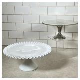 (2pc) Vintage Hobnail Milk Glass Pedestal Cake Plate And Other | Probably Fenton white cake plate wi