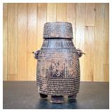 Carved Wood Lidded Jar | Basket style, engraved or chip carved Dimensions: h. 10.75 x w. 6.5 in