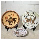 (3pc) Decorative Plates | Glazed pottery depicting a knighting ceremony, a traveling man on a horse 