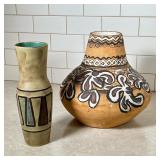 Artisan Ceramic Pottery | Larger bulbous piece is a hand painted vase possibly Peruvian folk art. It