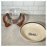 (2pc) Vintage Pasta Bowl And Salad Bowl With Stand | Pasta Bowl is off white with brown trim and let
