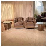 (4pc) SET OF VINTAGE SWIVEL CHAIRS AND SIDE TABLES | Pair of vintage swivel chairs along with two gl