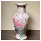 Chinoise Vase | Having a floral vine design in shades of pink, teal and yellow. Labeled and marked o