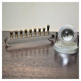 (2pc) Hanukkiah And Commemorative Clock | Hanukkiah made in Israel. Clock is in a glass globe that r