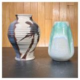 (2pc) Ceramic Vases | One is glazed with three indentations with green colored accents. Second is si