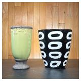 (2pc) Contemporary Pottery Vases | h. 9.25 x dia. 8.75 in. (black and white vase) Dimensions: h. 10.
