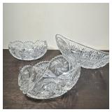 (3pc) Cut Glass Oblong Bowls With Star Design | One has smooth edge, others are cut. Dimensions: h. 