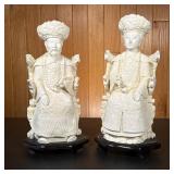 (2pc) Resin Imperial Figures | Carved bone style male and female figures, affixed to carved wood sta