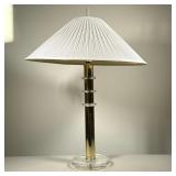 BRASS TABLE LAMP | Decorated with three small clear disks and wide shade. w. 8 in. (base) Dimensions
