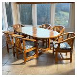(7pc) ROBUST SOLID WOOD EXTENDABLE DINING TABLE & 6 ARMCHAIRS | Seven-piece dining set comprising an