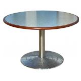 CONTEMPORARY PEDESTAL TABLE WITH LAMINATE TOP, WOOD RIM & CAST METAL BASE | Round pedestal table wit