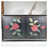 Needlepoint Embroidery Of Twin Roses | Red roses on a black ground. Dimensions: h. 18.25 x w. 31.5 i