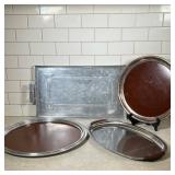 (4pc) Mid-Century Modern Vintage Crescent Silver Plated Tray & Others | Two round trays have wood-gr