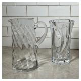 (2pc) CLEAR SWIRL GLASS PITCHER & FACETED GEOMETRIC VASE | Two clear colorless glass serving / table