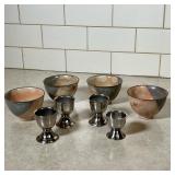 (8pc) Japanese Ceramic Tea Bowls & Stainless Italian Egg Cups | The tea bowls feature a pink cherry 