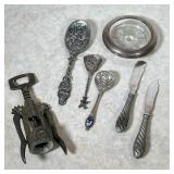 (7pc) Unique CorkScrew, Spoons And Coaster | Lot includes a vintage Italian grape-design winged cork