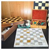 (3pc) COLLECTION OF CHESS SETS: INLAID ONYX/AGATE BOARD & WOODEN BOXED SET | Total of 3 chess sets i