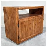 SMALL WOODEN ENTERTAINMENT CABINET STAND | Wooden entertainment cabinet with open upper shelf and en