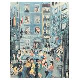 Framed Café Scene Print | German village street scene Signed, and dated 1974 on recto In painted woo