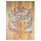 (2pc) Large Hand-Painted Tree of Life Papyrus & Wood Carving | Papyrus signed “Ashraf” on recto h. 3