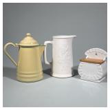 (3pc) Vintage Pottery With Metal Pitcher