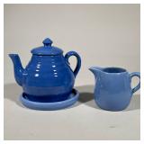 (3pc) BLUE CERAMIC TEAPOT & CREAMER