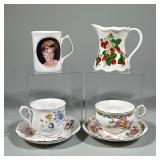 (6pc) Tea Cups And Saucers With Bone China Creamer And Princess Diana Mug