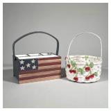 (2pc) Wicker Basket And American Flag Wood Storage Box