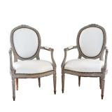 PAIR LOUIS XVI CARVED FAUTEUILS, WHITE LEATHER